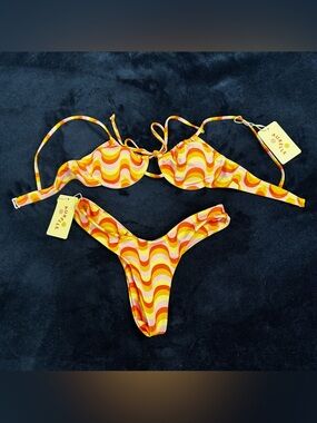 NWT Aurelle Retro Wave Pink, Yellow & Orange Women's Bikini Set, Size Small